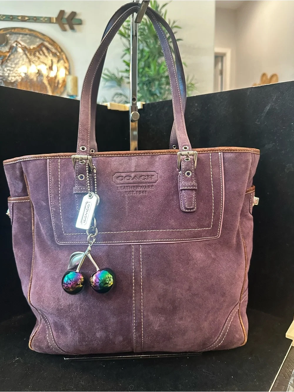 Coach #344 Vintage Hamptons Gallery Plum Suede Tote with Leather Trim
